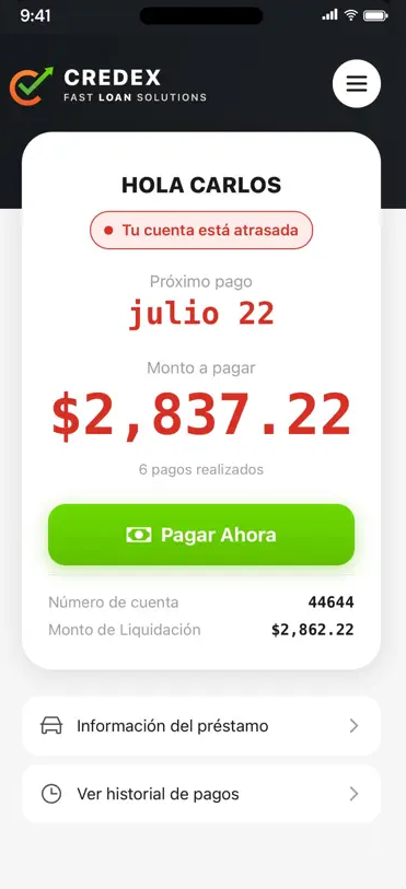 Credex app account overview and payment screen