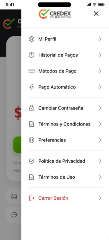 Credex app navigation menu